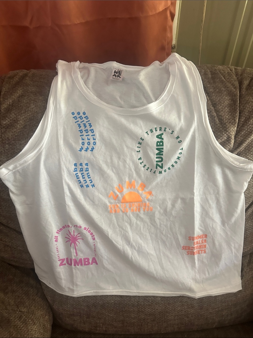 Zumba Fitness White Tank Top with Neon Orange, Green, Blue, Pink Graphics